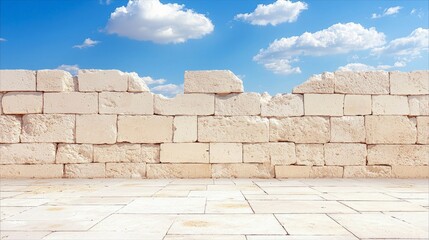 A weathered, ancient stone wall with a section missing, set against a bright blue sky with fluffy white clouds. The ground in front is paved with large, light-c