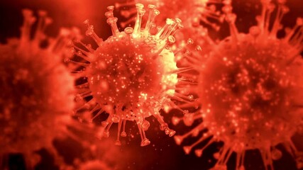 3D animation of glowing red coronavirus cells floating in dark background illustrating infectious disease spread and viral pandemic outbreak concepts for medical science research - Powered by Adobe