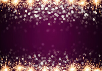 Sparkling fireworks frame a rich purple background with bokeh effect