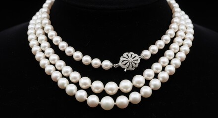 Elegant three-strand pearl necklace with decorative clasp showcases classic beauty and
