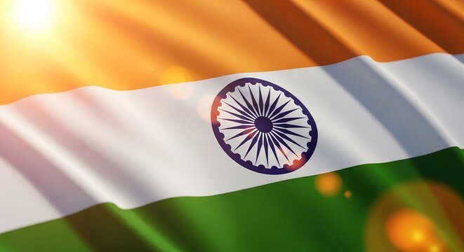 A vibrant closeup of the indian flag waving gently in the sunlight, showcasing the saffron, white, and green colors with the ashoka chakra at its center - Powered by Adobe