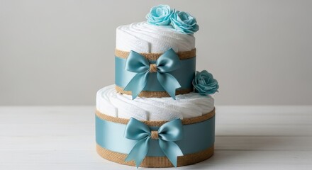 Elegant two-tiered diaper cake adorned with soft blue ribbons and floral accents for baby shower