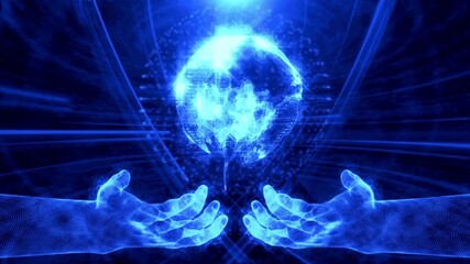 3D animation of digital hands holding a holographic globe illustrating global technology connection, internet security, and future network communication concepts - Powered by Adobe