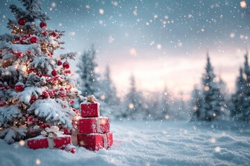 Festive decorated christmas tree covered in snow with red gift boxes in a winter wonderland forest scene