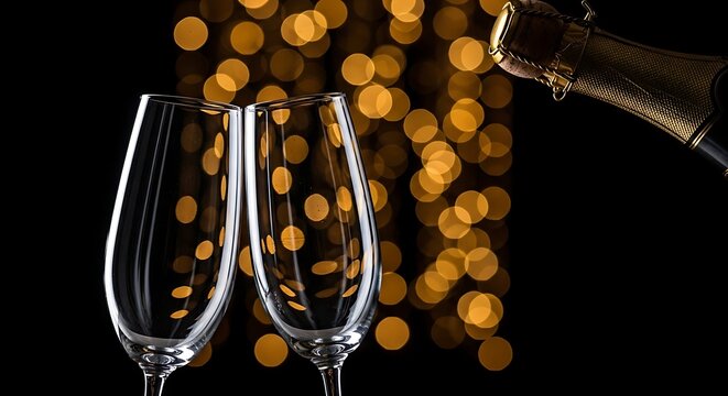 Champagne pouring into flutes with sparkling bokeh background for celebration - Powered by Adobe