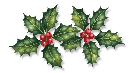 Elegant watercolor holly illustration with vibrant red berries and sharp leaves, perfect for