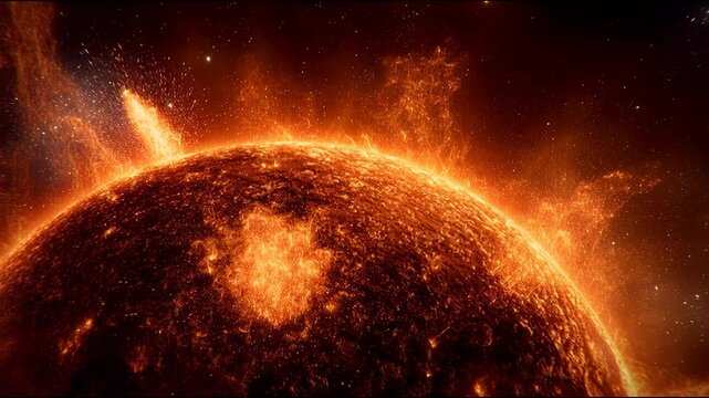 Solar flare sun space star plasma fire heat cosmic bright eruption surge across glowing surface with dynamic plasma arc and sparks, intense dramatic energy deep space blazing prominence and glowing