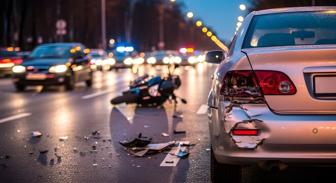 Rear End Car Crash with Motorcycle Laying on the Street at Night