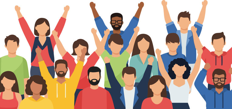 Illustration of a diverse stadium crowd cheering with raised arms in a vibrant and lively atmosphere with colorful clothing.