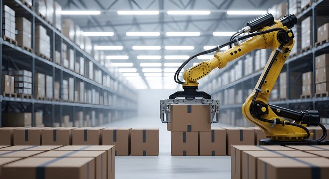 Automated warehouse operation with robotic arm lifting cardboard box, showcasing efficiency and innovation in logistics and supply chain management