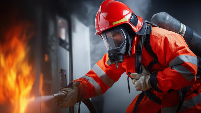 Firefighter extinguishing electric panel flames, action shot, dramatic realism, blurred background, with copy space