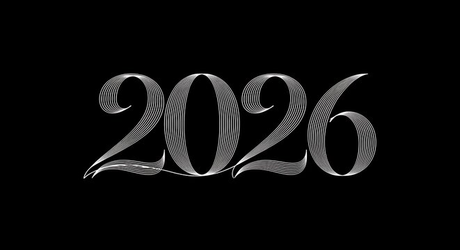 Stylish 2026 Number Design with Metallic Lines on Black Background