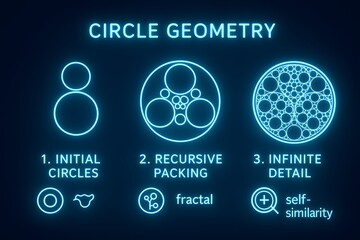 Apollonian Gasket Circle Fractal Pattern in Neon for Mathematical Visualization