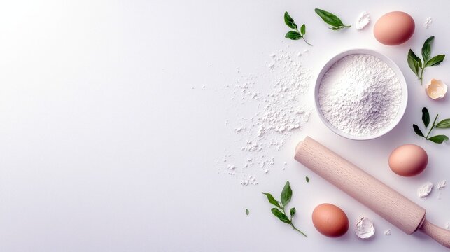 A flat lay composition of baking ingredients including a bowl of flour, eggs, and a wooden rolling pin, arranged on a white background with scattered flour and