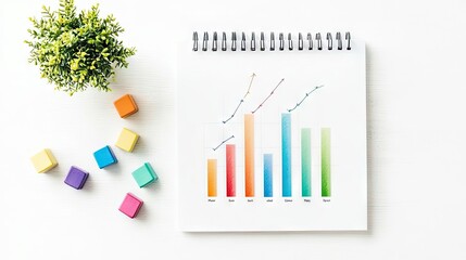 A notebook page displays a bar chart and line graph with colorful bars and lines. Scattered around the notebook are colorful blocks and a small green plant. The