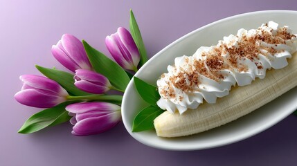 A delicious banana split dessert topped with whipped cream and sprinkled with chocolate shavings, presented next to a bouquet of vibrant purple tulips on a soft