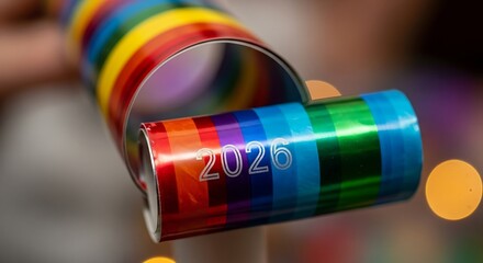 Colorful Rainbow Confetti Cannons Celebrating New Year 2026 in Festive Atmosphere