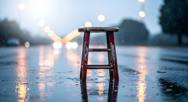 A lonely red stool sits on a wet road during a rainstorm, reflecting the city lights, creating a moody and introspective atmosphere at night - Powered by Adobe