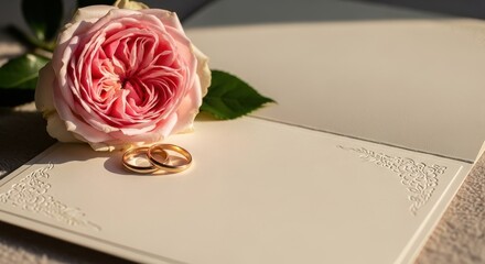Elegant wedding stationery featuring a pink rose and golden rings bathed in soft light