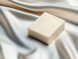 A single bar of pale, rectangular soap is placed on draped, cream-colored satin fabric. The lighting is soft and diffused, creating gentle shadows and highlight