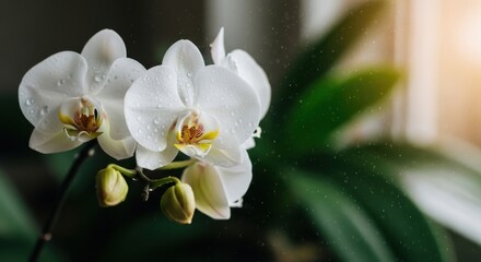 Elegant white orchids adorned with delicate droplets reflecting soft sunlight near window