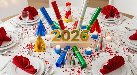 Colorful New Year Party Table with 2026 Number Candles and Celebration Decorations