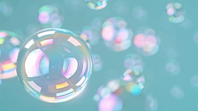 Abstract iridescent holographic soap bubbles floating on a colorful, swirling liquid surface, creating a mesmerizing and vibrant visual bokeh, shiny circle decoration for bright party backgrounds