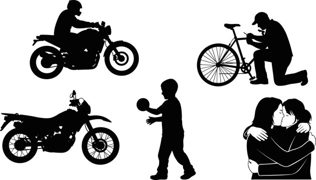 Silhouette illustration of motorcycle riding, child playing, bicycle repair, and romantic couple, black and white concept art showing lifestyle and activity
