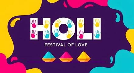 Celebrate the vibrant holi festival of love with this colorful design featuring handprints and powder, perfect for greeting cards and social media posts