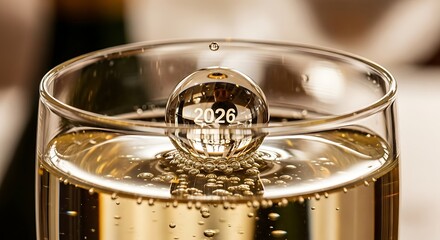 Glass of Sparkling Champagne with Crystal Ball Reflecting the Year 2026 in Elegant Indoor Setting
