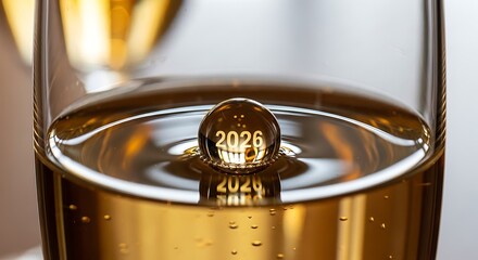 Elegant Glass of Golden Champagne with Reflection of 2026 Ball in Liquid Celebratory Drink