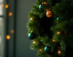Close-up of dark Christmas wreath with emerald and copper ornaments. Moody, festive holiday background with warm bokeh lights.