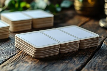 Blank address labels arranged on wooden table