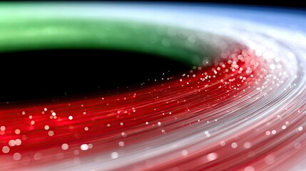 Abstract swirling lines of red, white, and green light with glowing bokeh particles against a dark background.