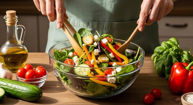 A person's hands are mixing a vibrant, fresh salad with wooden tongs in a glass bowl on a wooden kitchen counter, surrounded by fresh vegetables and olive oil.