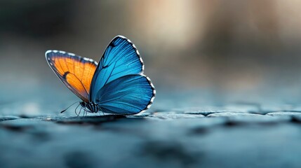 Obraz premium A close-up of a butterfly with striking blue and orange wings resting on a textured cobblestone surface. The background is softly blurred, creating a bokeh effe