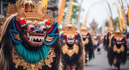 Obraz premium Ritual Dance Featuring Intricate Masks and Costumes in Indonesian Festival
