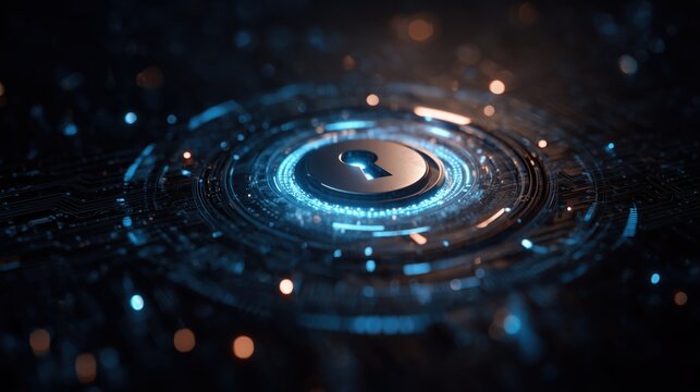 Glowing cybersecurity core with blue hologram digital padlock background - Powered by Adobe