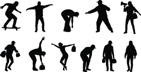 silhouette, people, poses, movement, action, dancer, skateboard, walking, standing, bending, shouting, lifting, carrying, fashion, urban,
