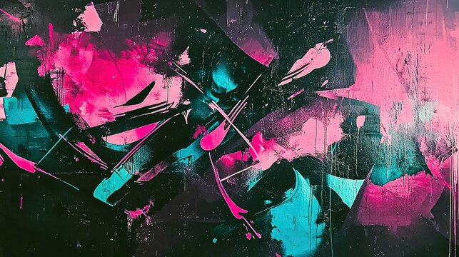An abstract painting featuring bold, expressive brushstrokes in vibrant pink and teal against a dark, textured background. Energetic and dynamic.