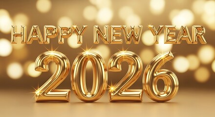 Golden 2026 New Year Balloons with Sparkling Lights Celebrating 2026