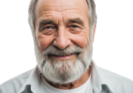 A close-up portrait of an older man with gray hair and a white beard, smiling, beard, gray, hair, man, portrait, shirt, smile, wear, white  - Powered by Adobe