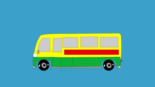 Animated video with a bus in cartoon style on a blue background, art, drawing, 2D.