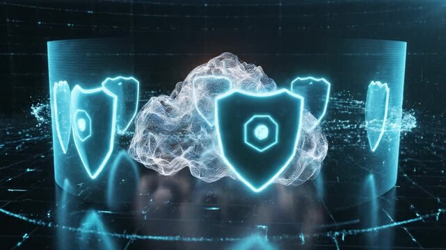Cloud security and digital protection with glowing shield icons, network data defense, and futuristic hologram technology showcasing advanced cybersecurity and AI driven digital shield visualization