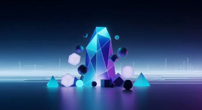 Abstract geometric digital art featuring a glowing crystal surrounded by various shapes with a futuristic neon glow effect