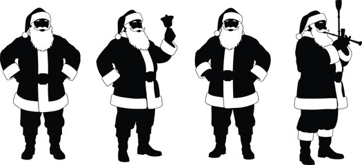 Santa Claus silhouette collection featuring festive poses, ringing a bell, standing confidently, and playing a musical instrument for Christmas vector design.