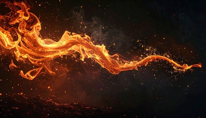 Vivid orange flame effect curves dynamically against dark backdrop, with embers and wisps trailing behind