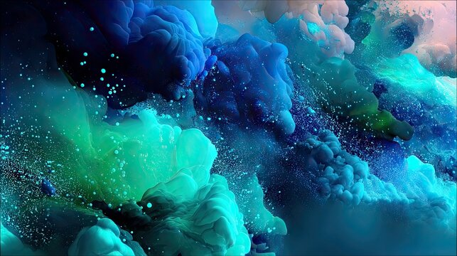 Abstract swirling clouds of blue and green smoke with glowing particles, dark and moody lighting.