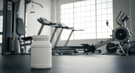 Supplement Bottle in Gym with Treadmill, Rowing Machine, and Exercise Equipment