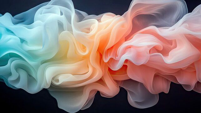 Abstract swirling waves of translucent fabric in a gradient of teal, yellow, and coral against a dark background.